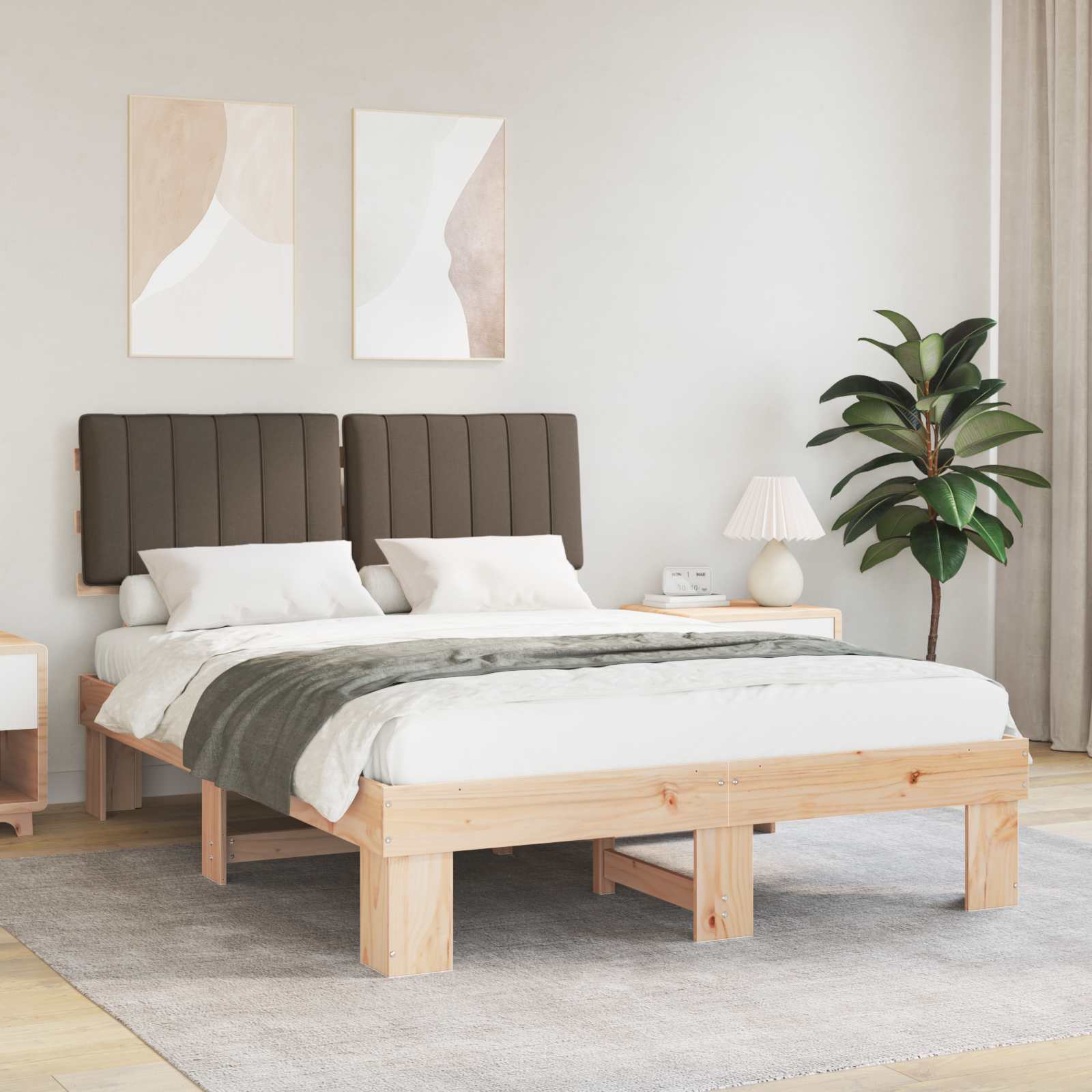 Sängram med Klädd Huvudgavel Taupe 140 x 200 cm Massiv furu