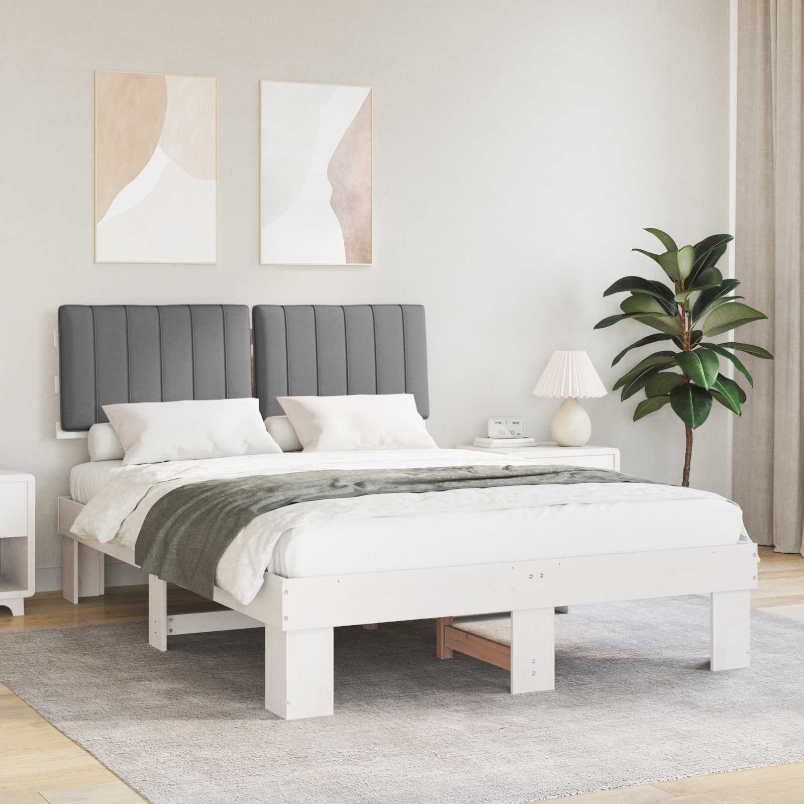 Sängram med Klädd Huvudgavel Ljusgrå 140 x 200 cm Massiv furu