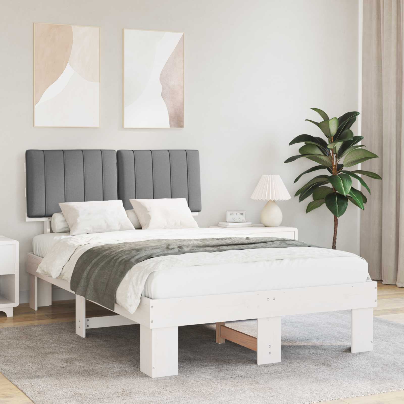 Sängram med Klädd Huvudgavel Ljusgrå 120 x 190 cm Massiv furu
