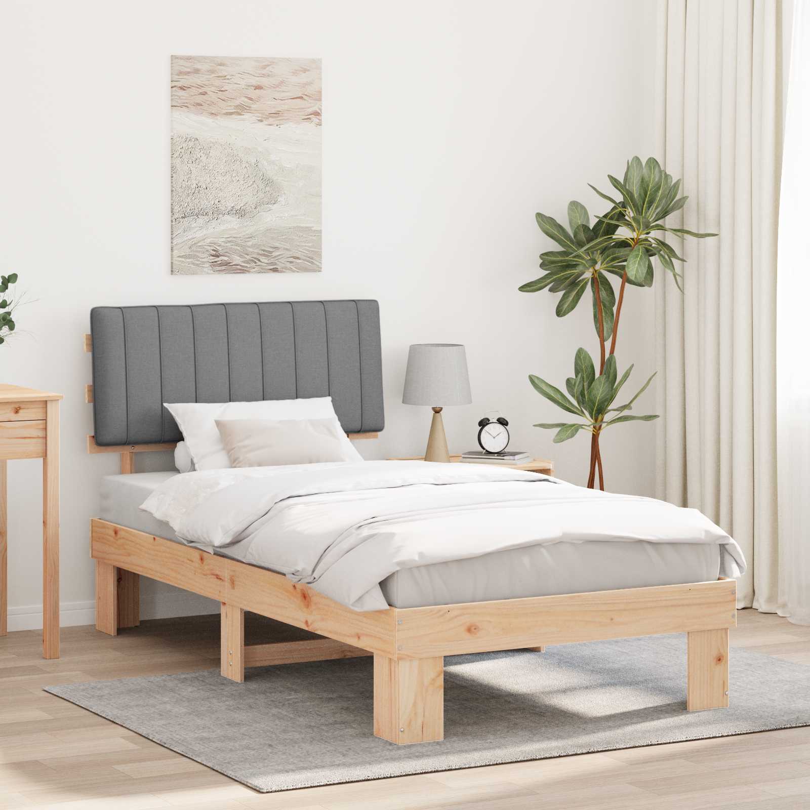 Sängram med Klädd Huvudgavel Ljusgrå 100 x 200 cm Massiv furu