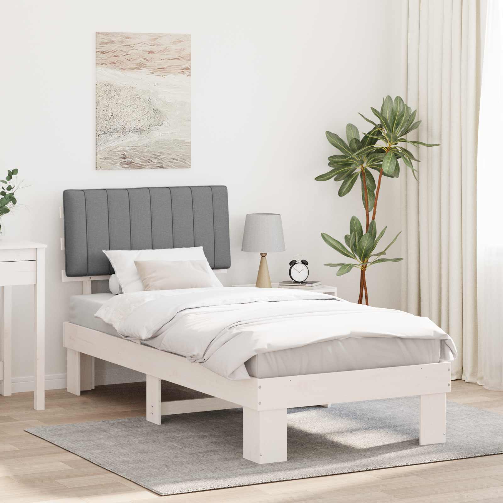 Sängram med Klädd Huvudgavel Ljusgrå 90 x 200 cm Massiv furu