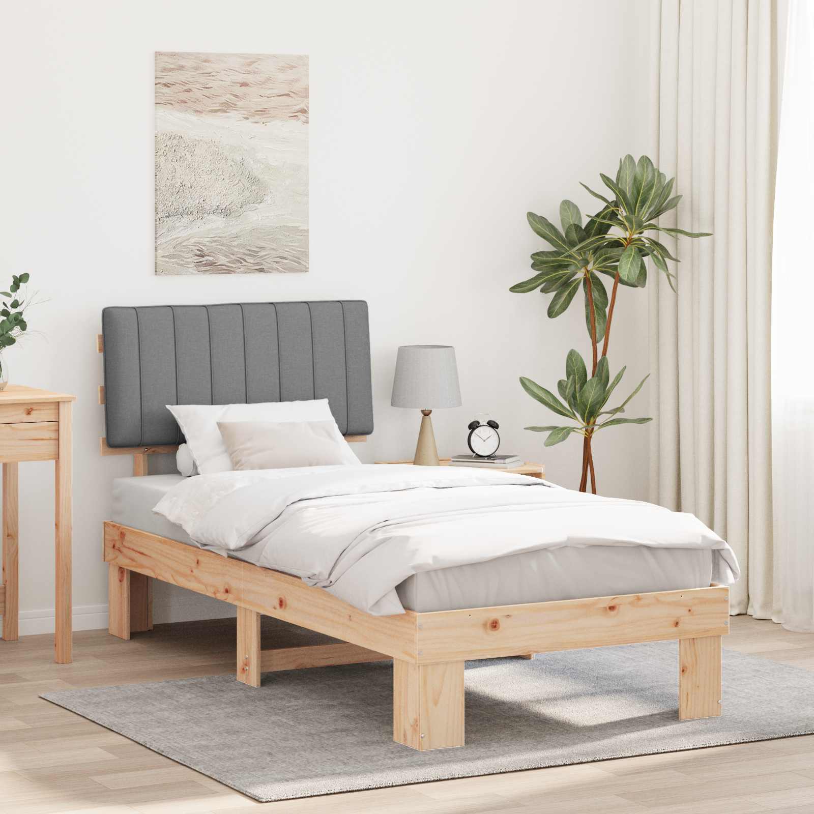 Sängram med Klädd Huvudgavel Ljusgrå 90 x 190 cm Massiv furu
