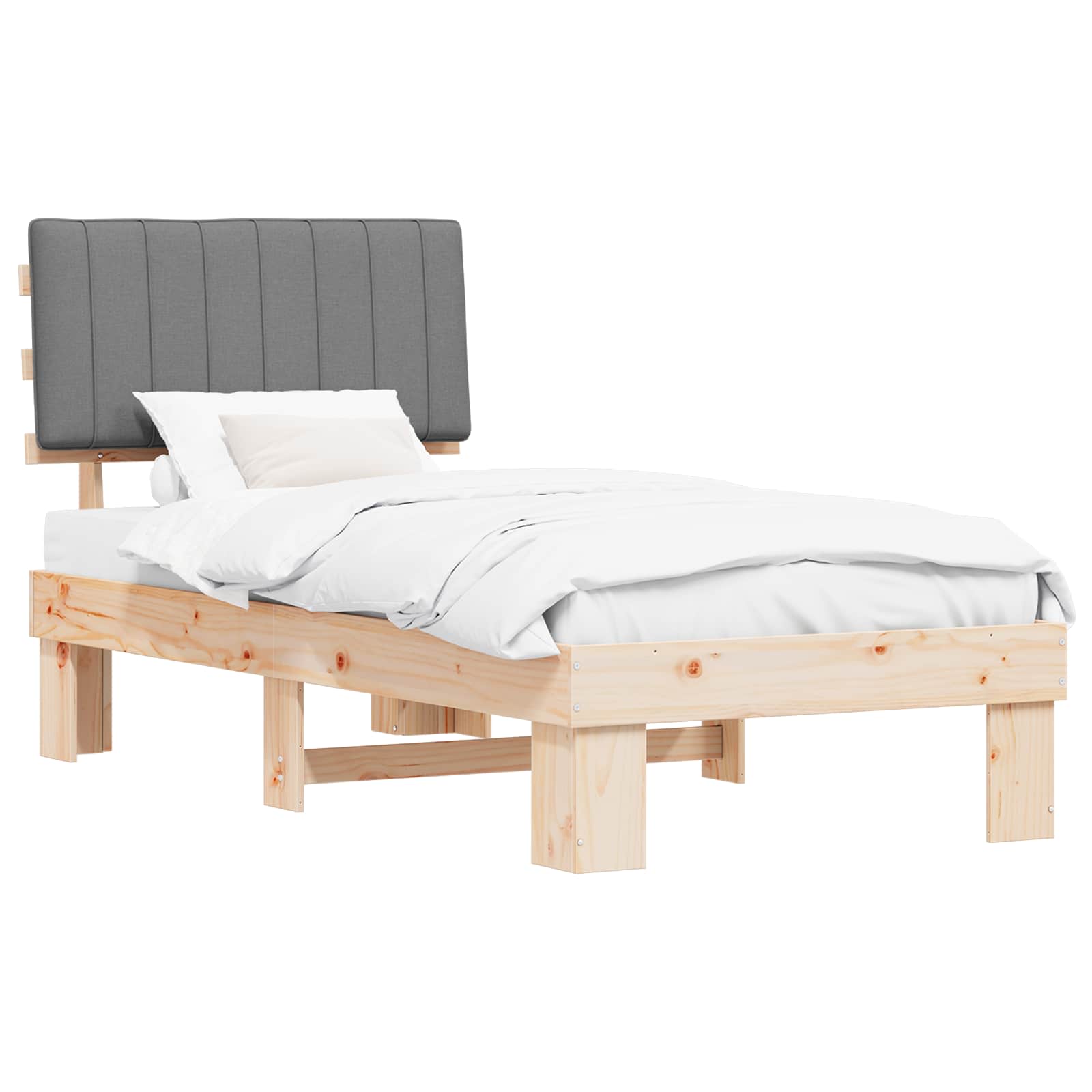 Sängram med Klädd Huvudgavel Ljusgrå 90 x 190 cm Massiv furu