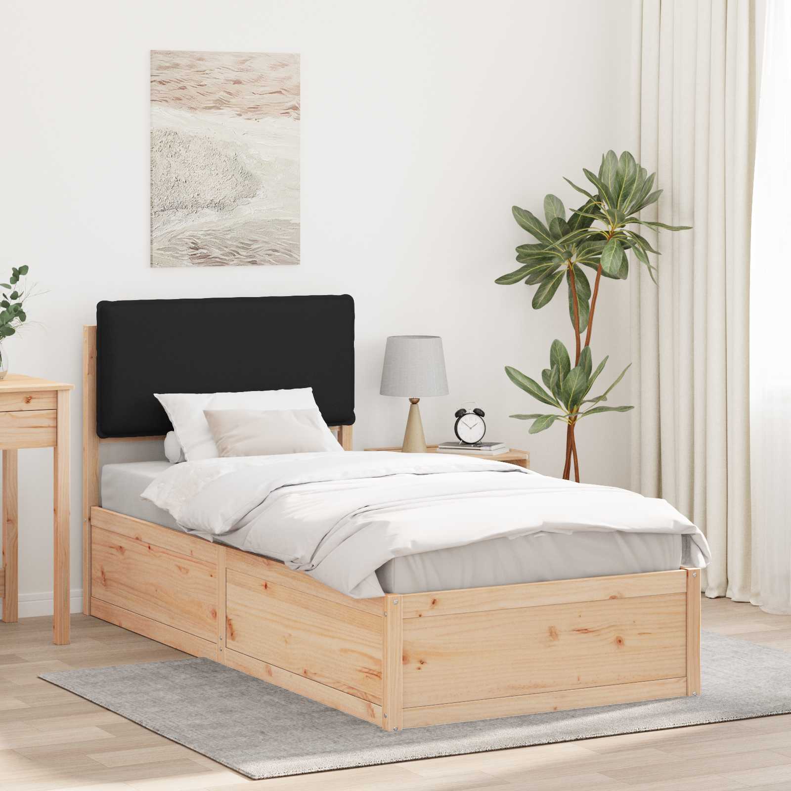 Sängram med Klädd Huvudgavel Svart 90 x 190 cm Massiv furu