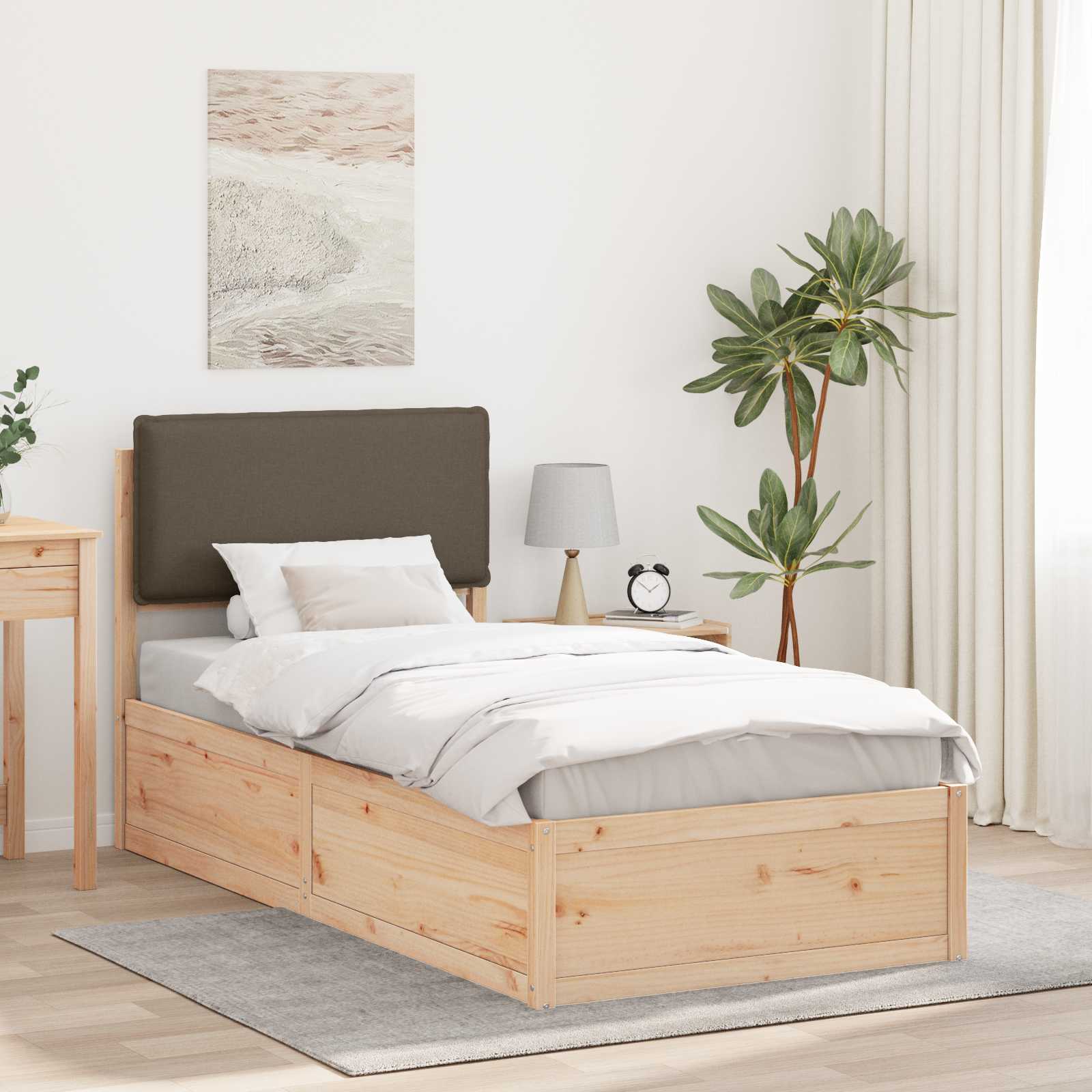 Sängram med Klädd Huvudgavel Taupe 90 x 190 cm Massiv furu