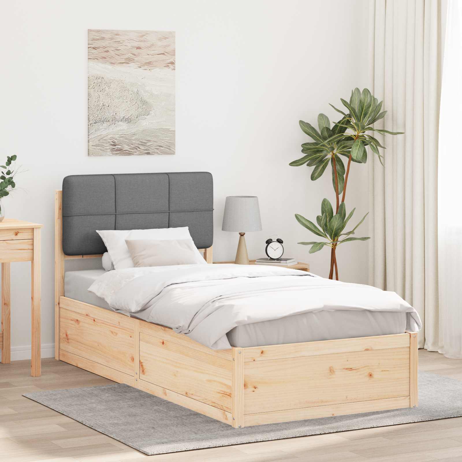 Sängram med Klädd Huvudgavel Ljusgrå 100 x 200 cm Massiv furu