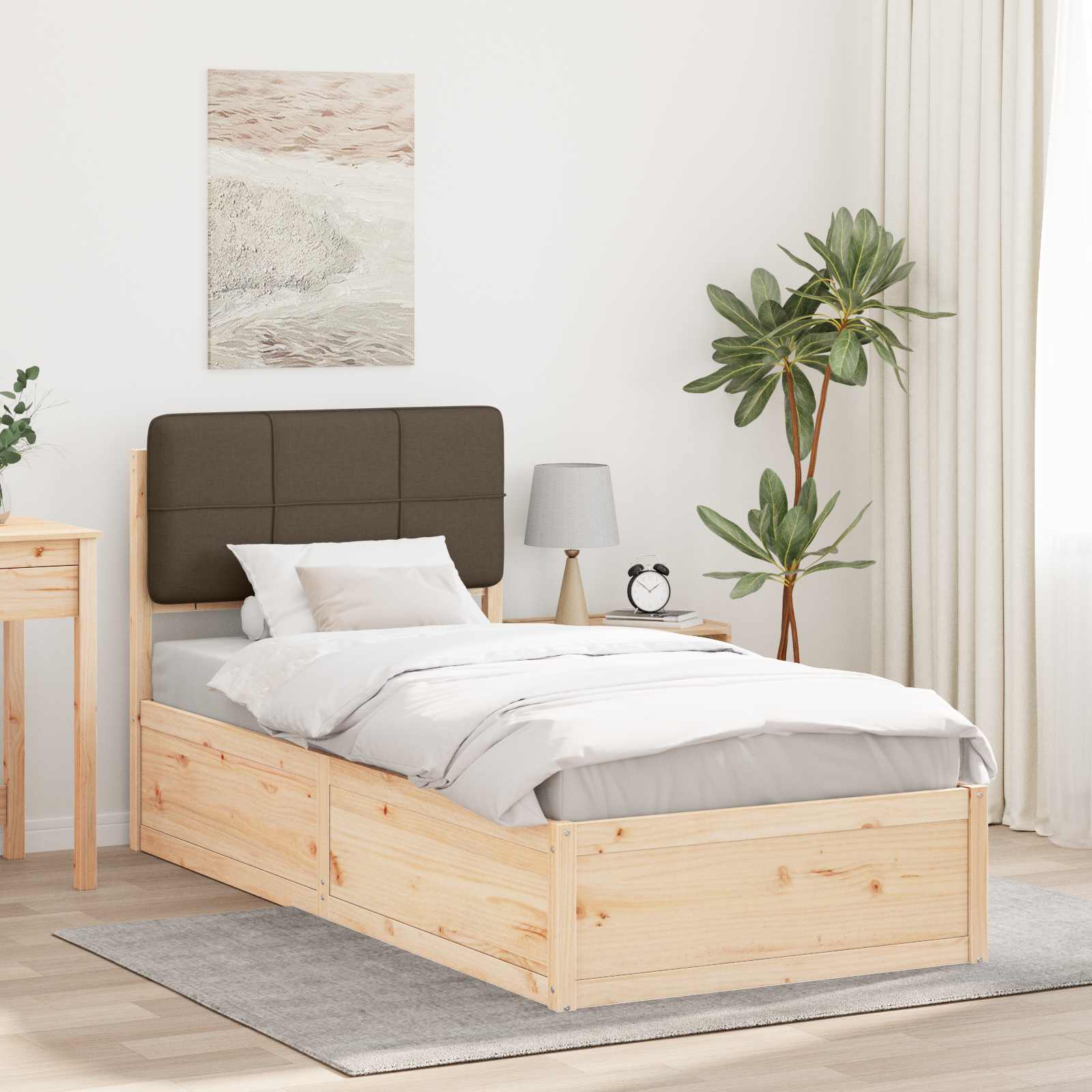 Sängram med Klädd Huvudgavel Taupe 100 x 200 cm Massiv furu