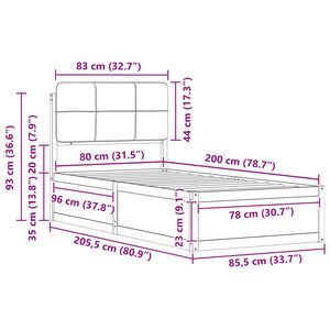 Sängram med Klädd Huvudgavel Svart 80 x 200 cm Massiv furu