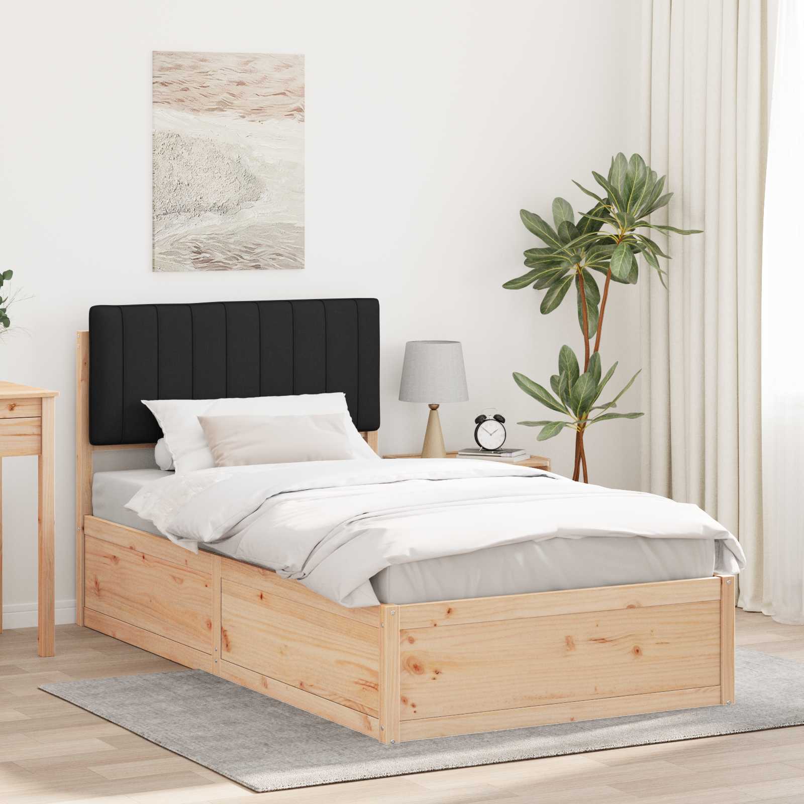 Sängram med Klädd Huvudgavel Svart 100 x 200 cm Massiv furu