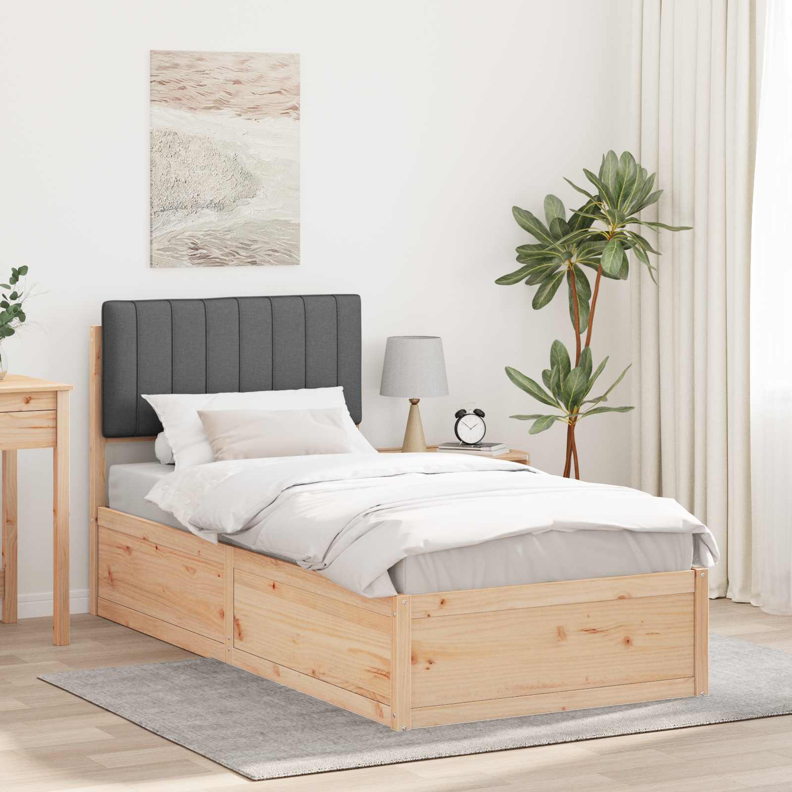 Sängram med Klädd Huvudgavel Mörkgrå 90 x 200 cm Massiv furu