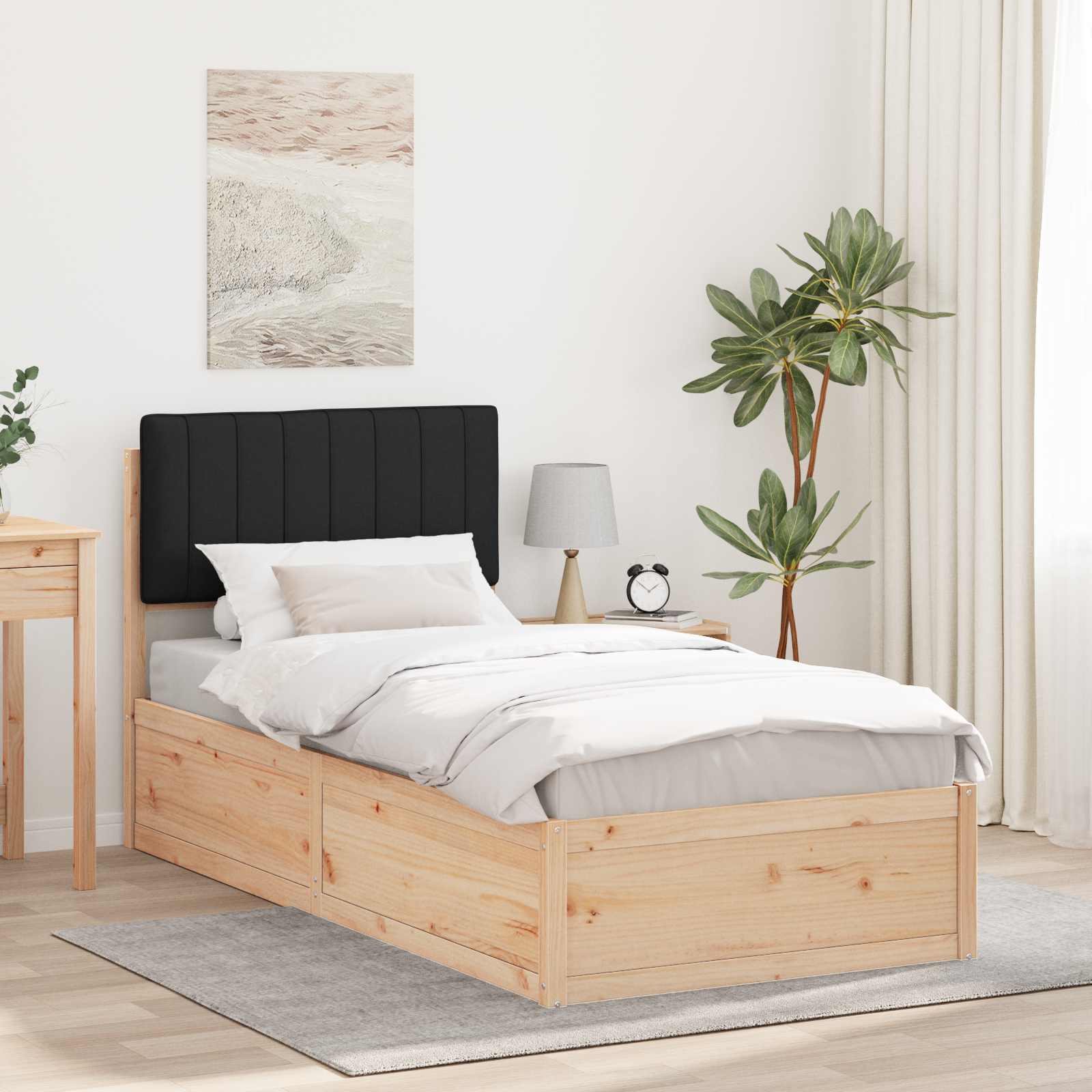 Sängram med Klädd Huvudgavel Svart 90 x 200 cm Massiv furu