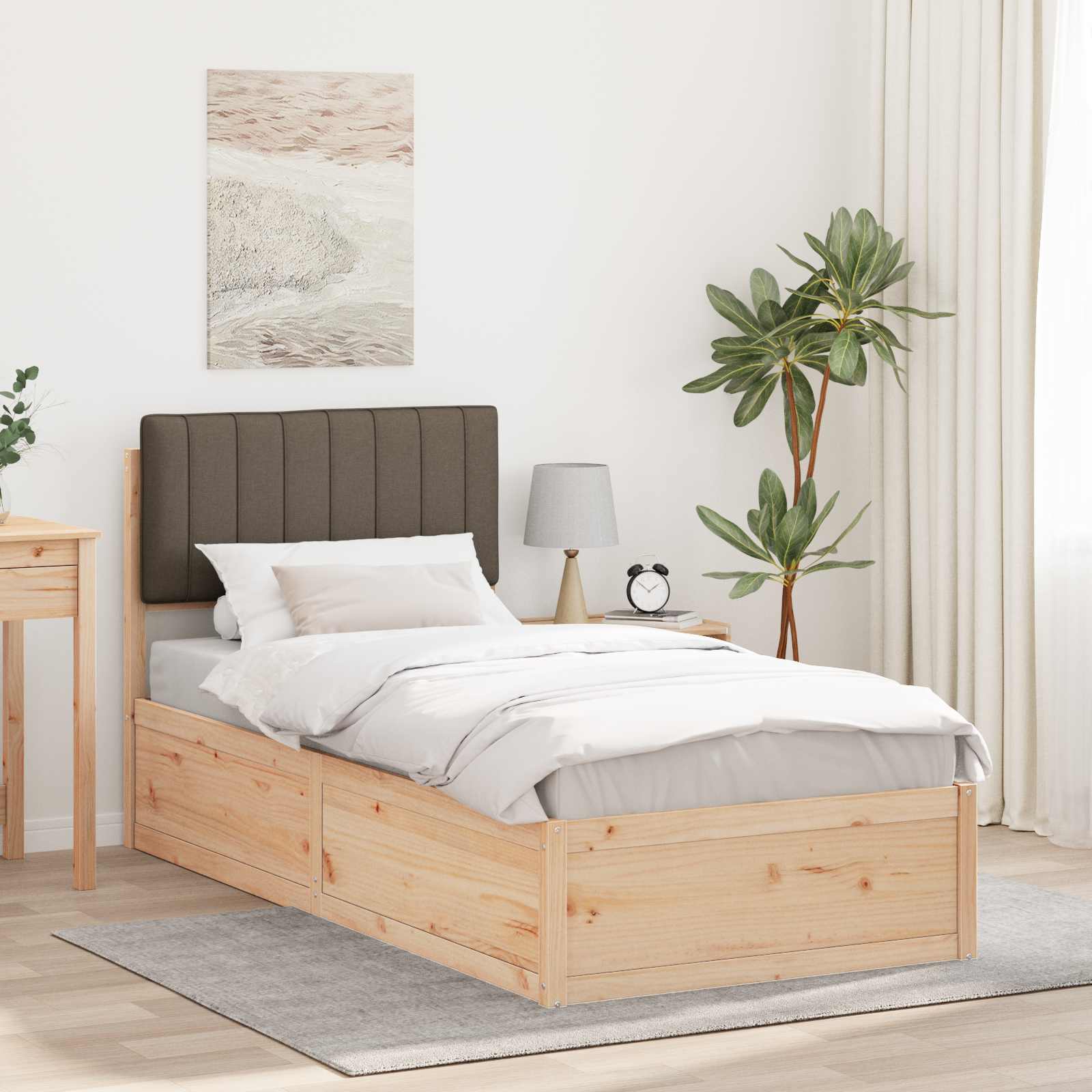 Sängram med Klädd Huvudgavel Taupe 90 x 200 cm Massiv furu