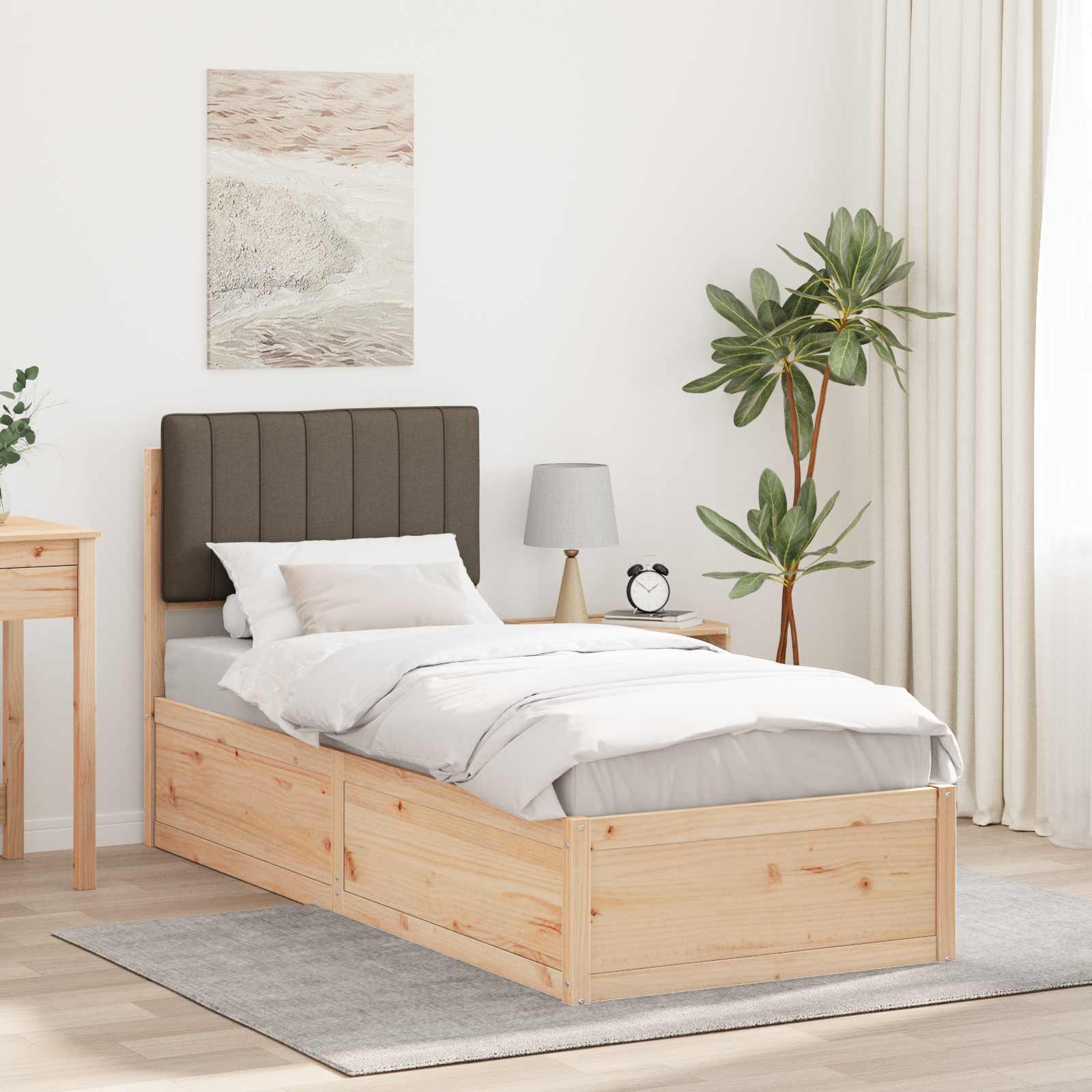 Sängram med Klädd Huvudgavel Taupe 80 x 200 cm Massiv furu