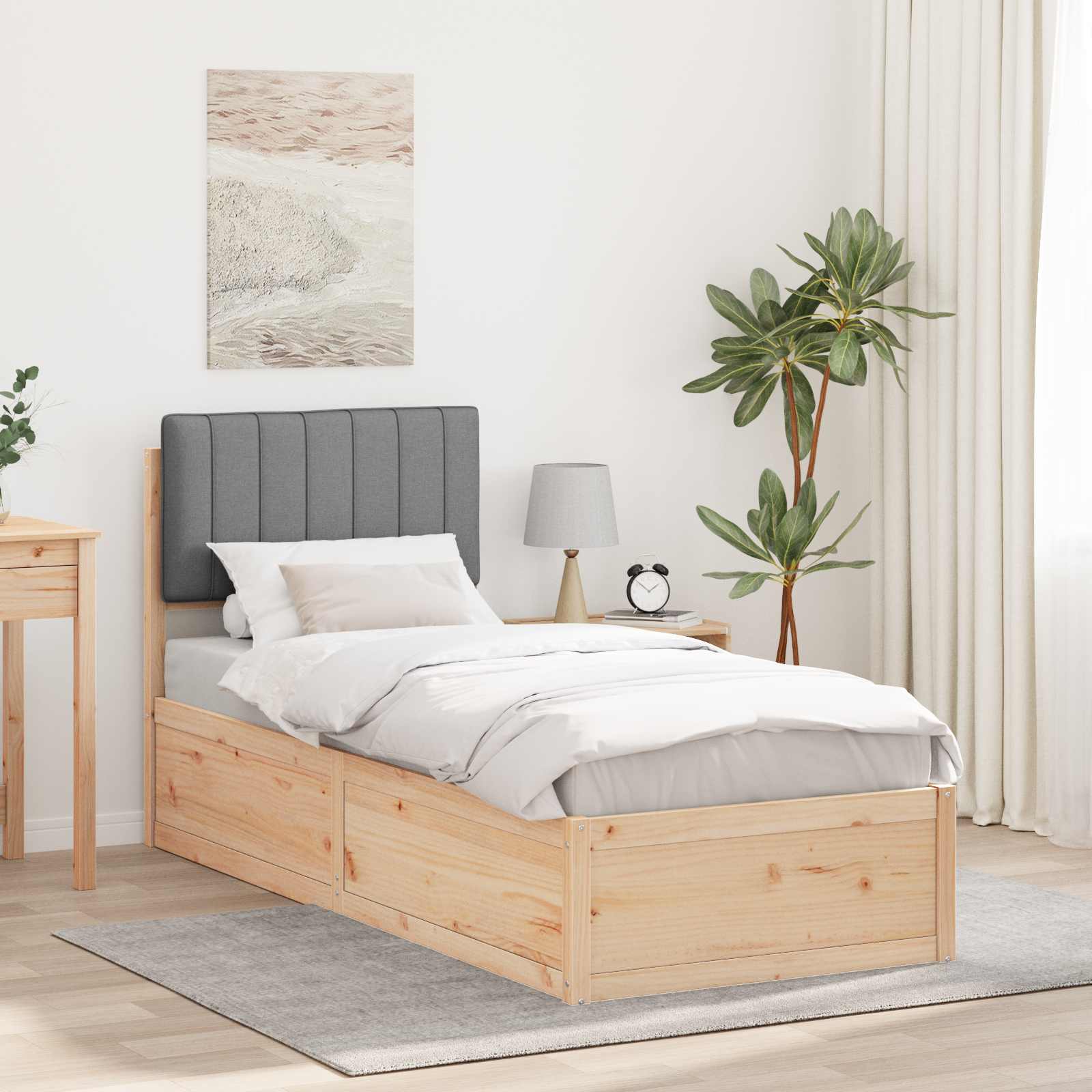 Sängram med Klädd Huvudgavel Ljusgrå 75 x 190 cm Massiv furu