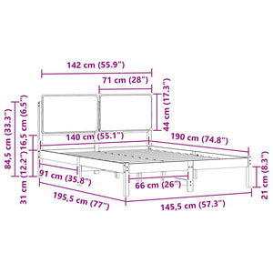Sängram med Klädd Huvudgavel Taupe 140 x 190 cm Massiv furu