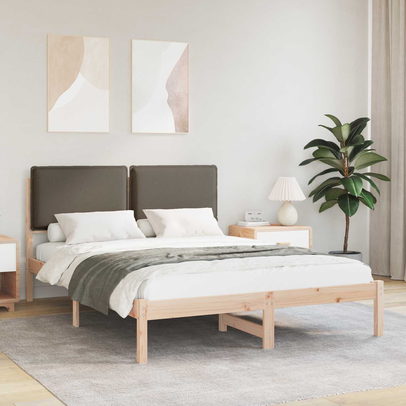 Sängram med Klädd Huvudgavel Taupe 120 x 190 cm Massivt furu