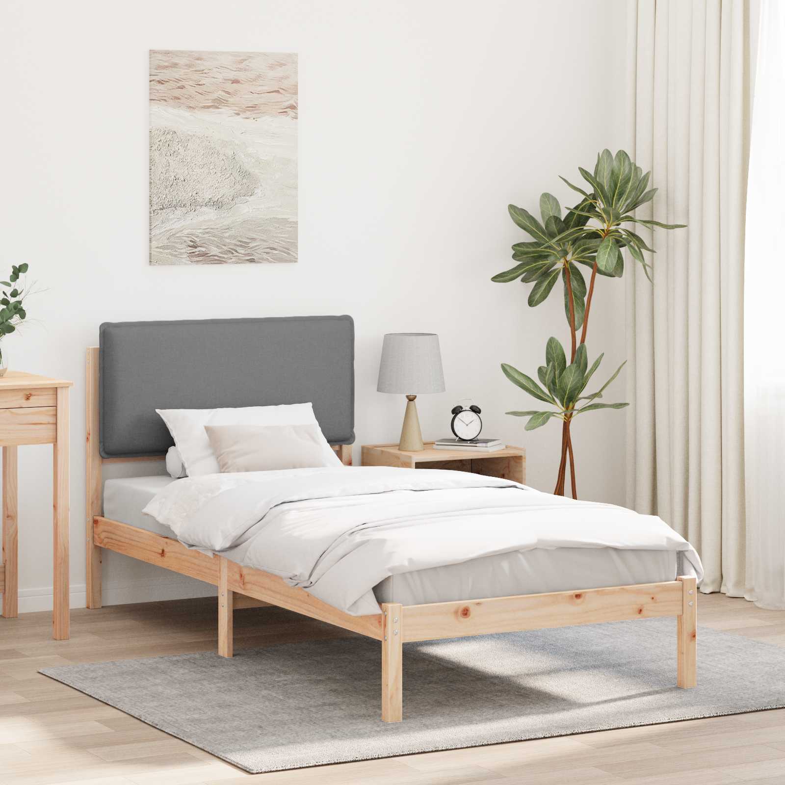 Sängram med Klädd Huvudgavel Ljusgrå 80 x 200 cm Massivt furu
