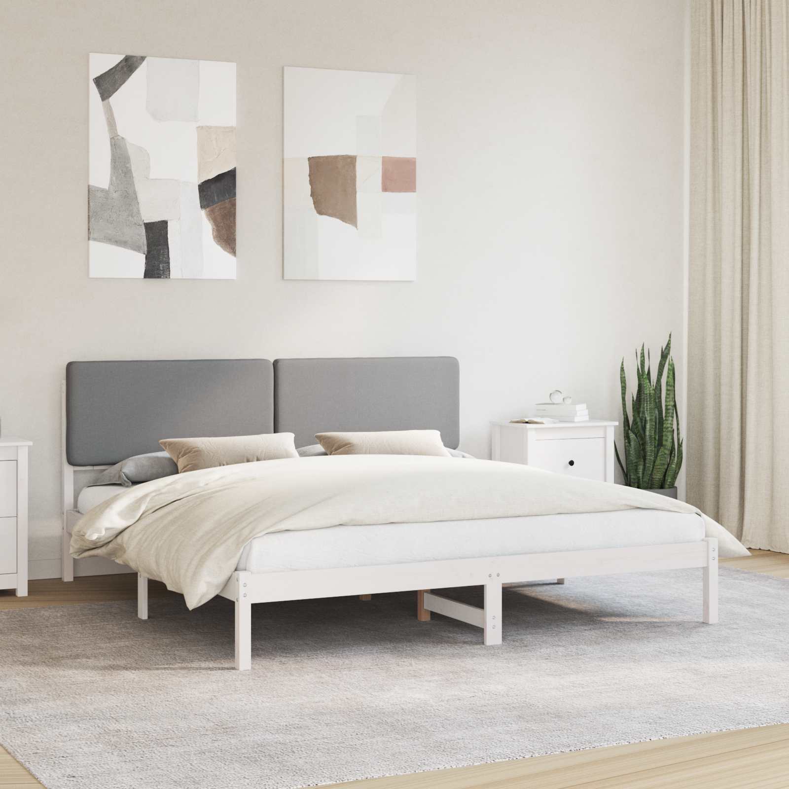 Sängram med Klädd Huvudgavel Ljusgrå 180 x 200 cm Massiv furu