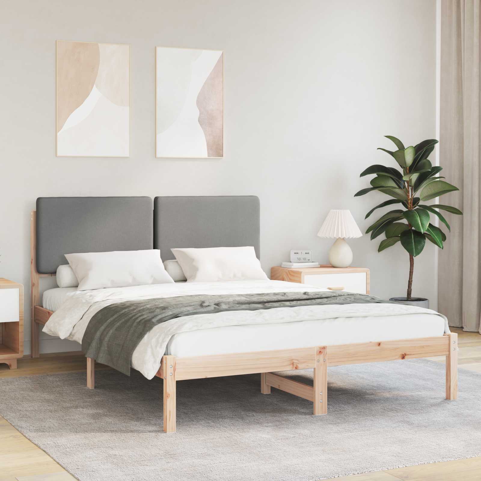 Sängram med Klädd Huvudgavel Ljusgrå 150 x 200 cm Massiv furu
