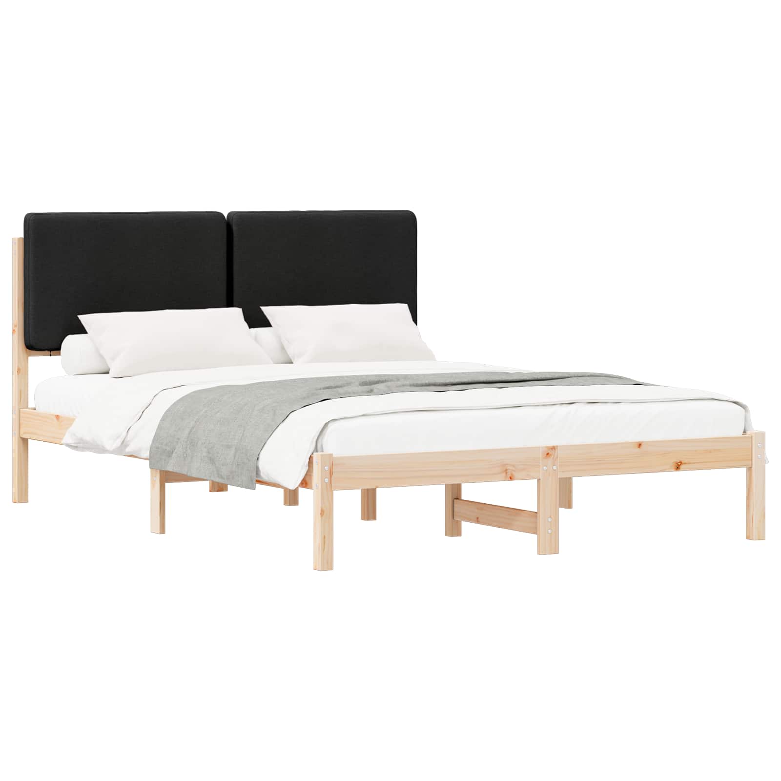 Sängram med Klädd Huvudgavel Svart 150 x 200 cm Massiv furu