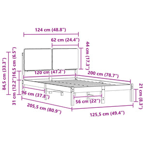 Sängram med Klädd Huvudgavel Ljusgrå 120 x 200 cm Massiv furu