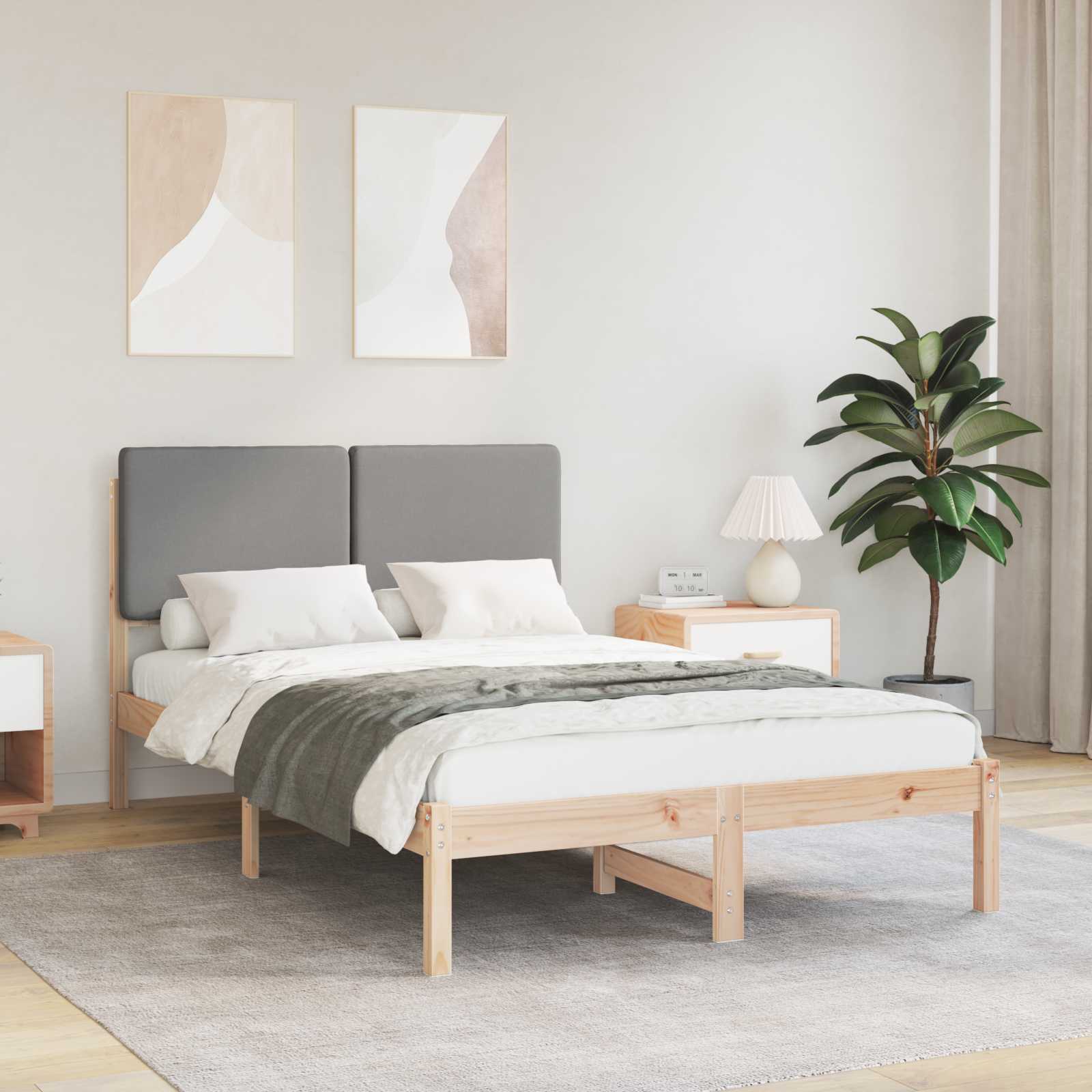 Sängram med Klädd Huvudgavel Ljusgrå 135 x 190 cm Massiv furu
