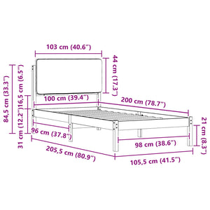 Sängram med Klädd Huvudgavel Mörkgrå 100 x 200 cm Massiv furu
