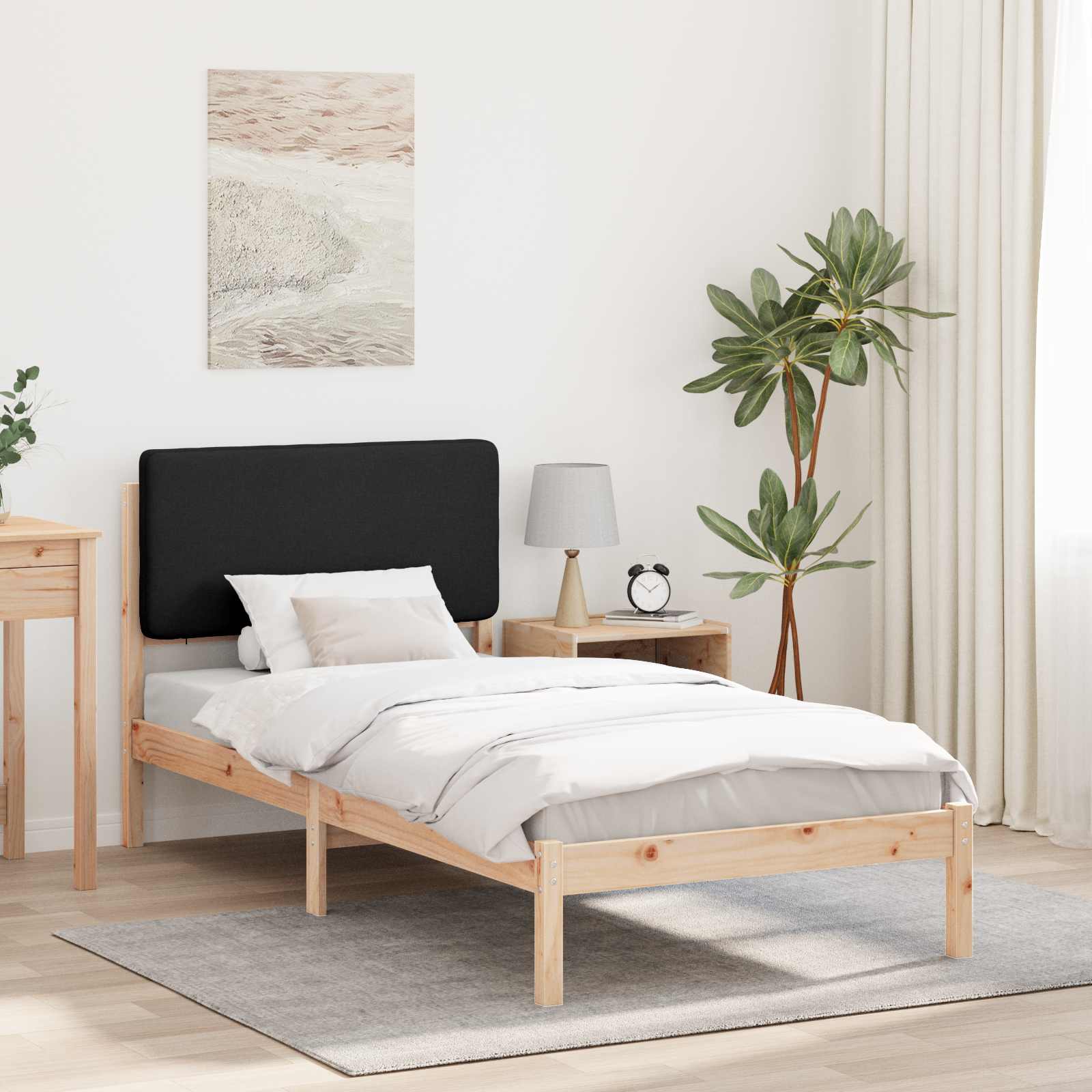 Sängram med Klädd Huvudgavel Svart 90 x 200 cm Massiv furu
