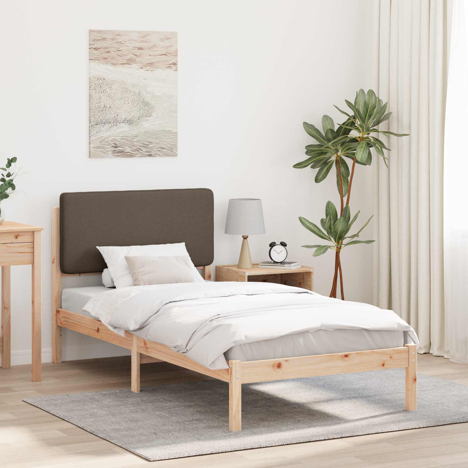 Sängram med Klädd Huvudgavel Taupe 90 x 200 cm Massiv furu