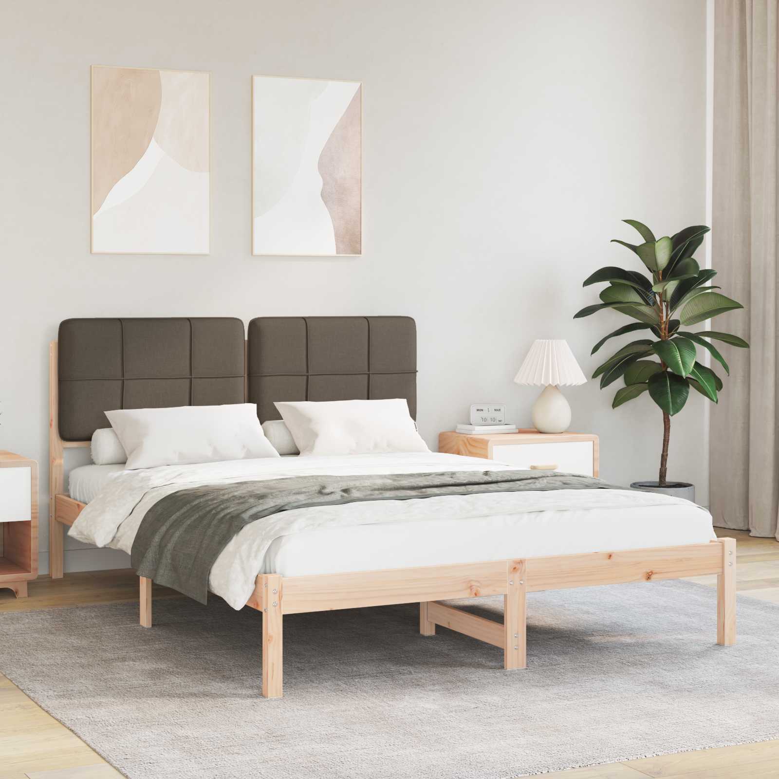 Sängram med Klädd Huvudgavel Taupe 140 x 190 cm Massiv furu