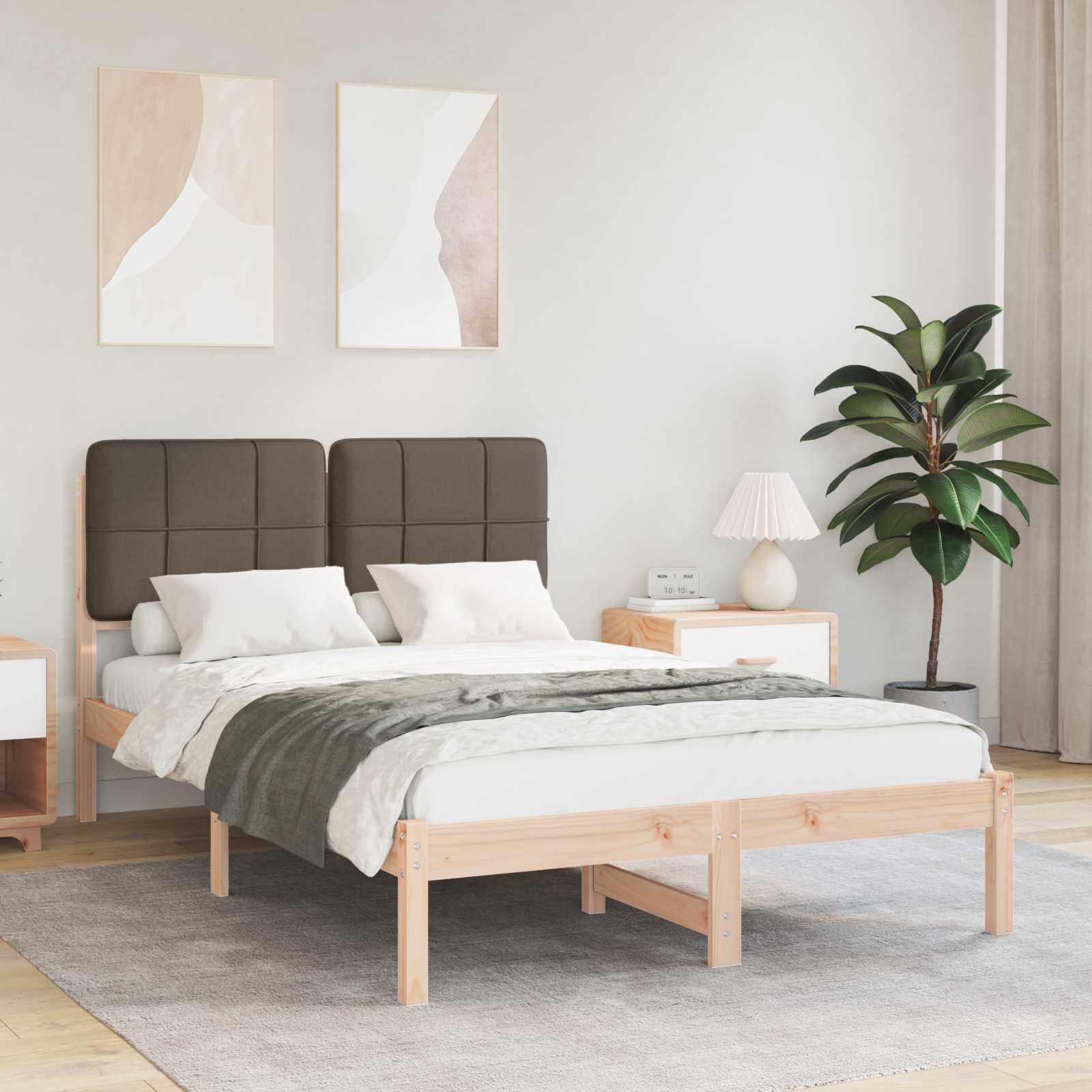 Sängram med Klädd Huvudgavel Taupe 120 x 190 cm Massiv furu