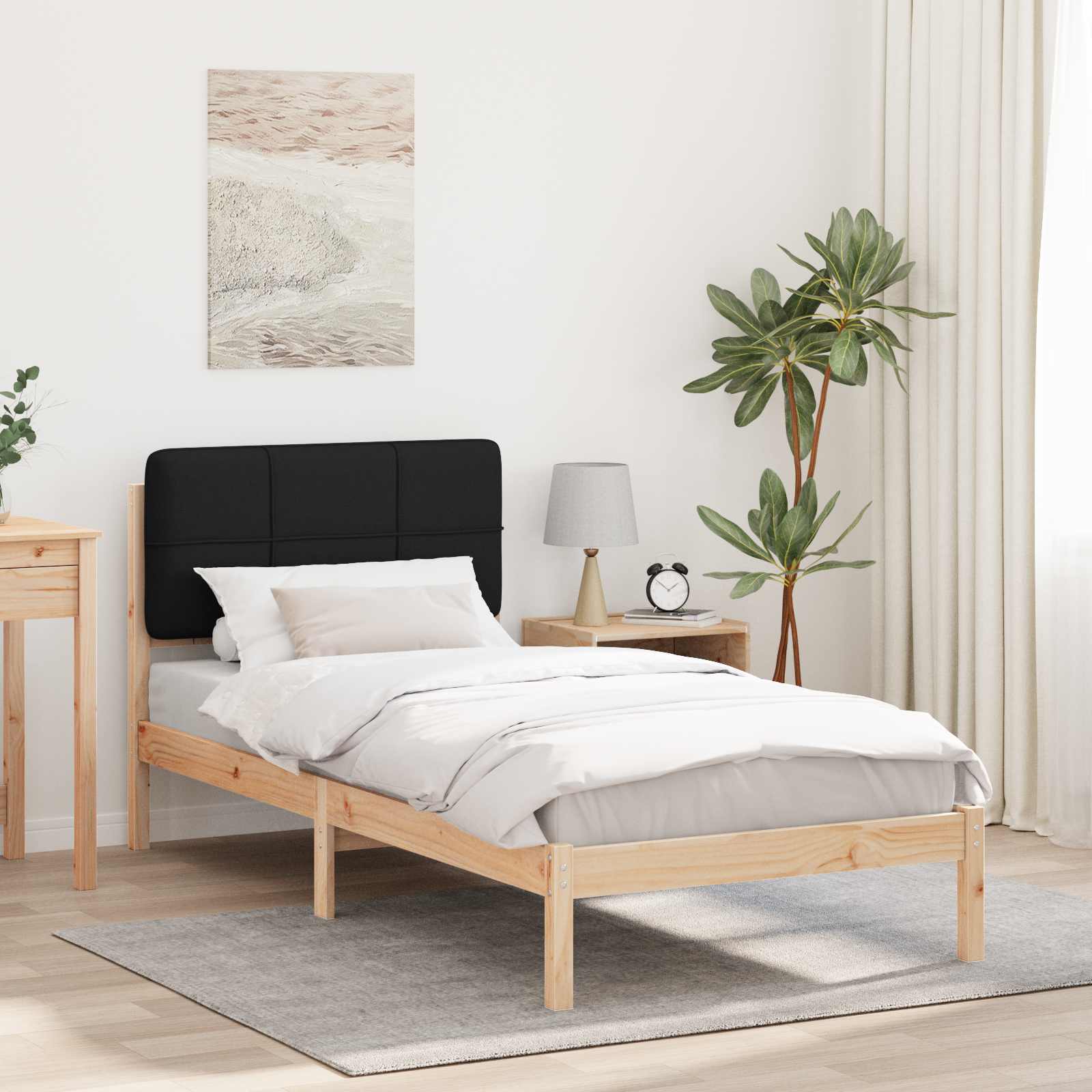 Sängram med Klädd Huvudgavel Svart 90 x 200 cm Massiv furu