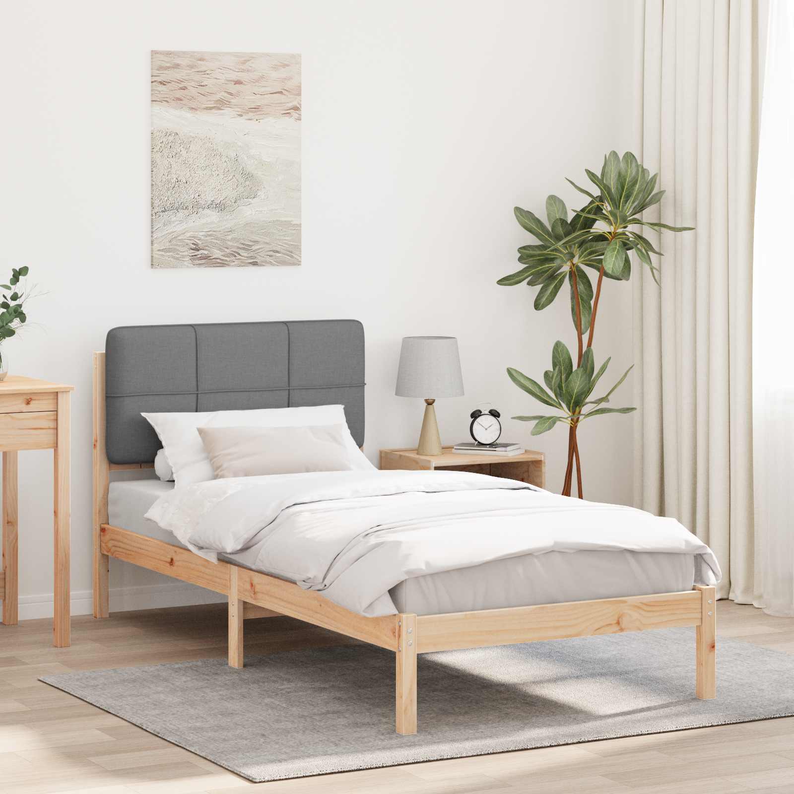 Sängram med Klädd Huvudgavel Ljusgrå 80 x 200 cm Massiv furu