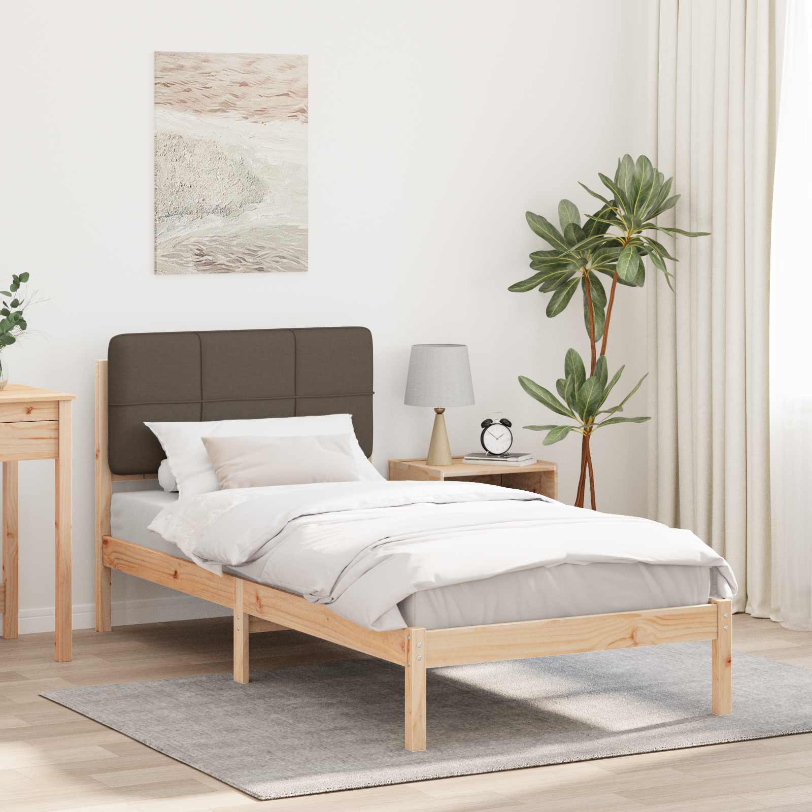 Sängram med Klädd Huvudgavel Taupe 80 x 200 cm Massiv furu