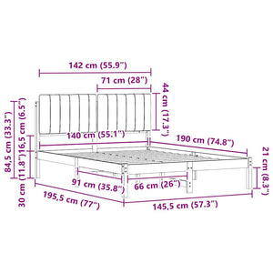 Sängram med Klädd Huvudgavel Svart 140 x 190 cm Massiv furu