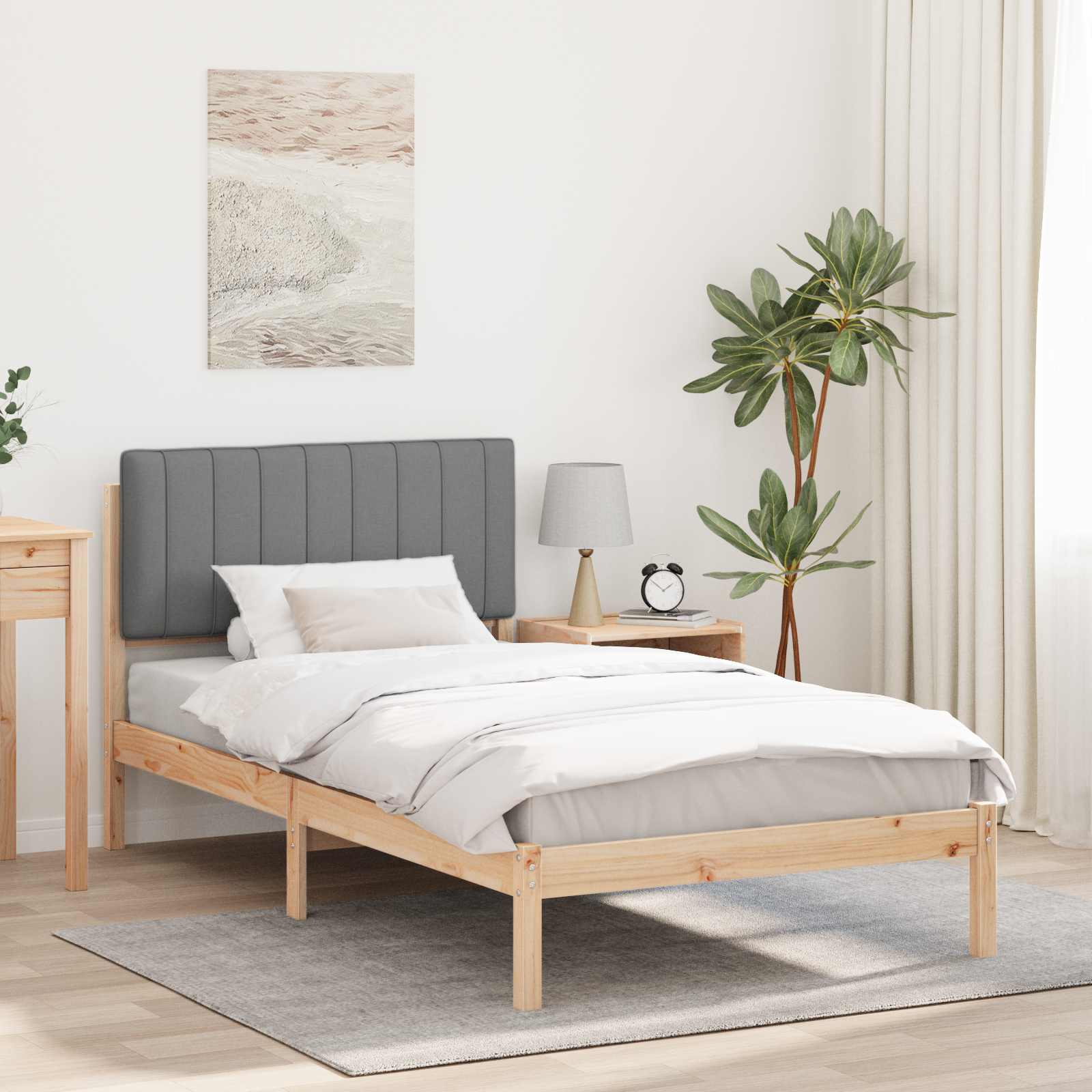 Sängram med Klädd Huvudgavel Ljusgrå 100 x 200 cm Massivt furu