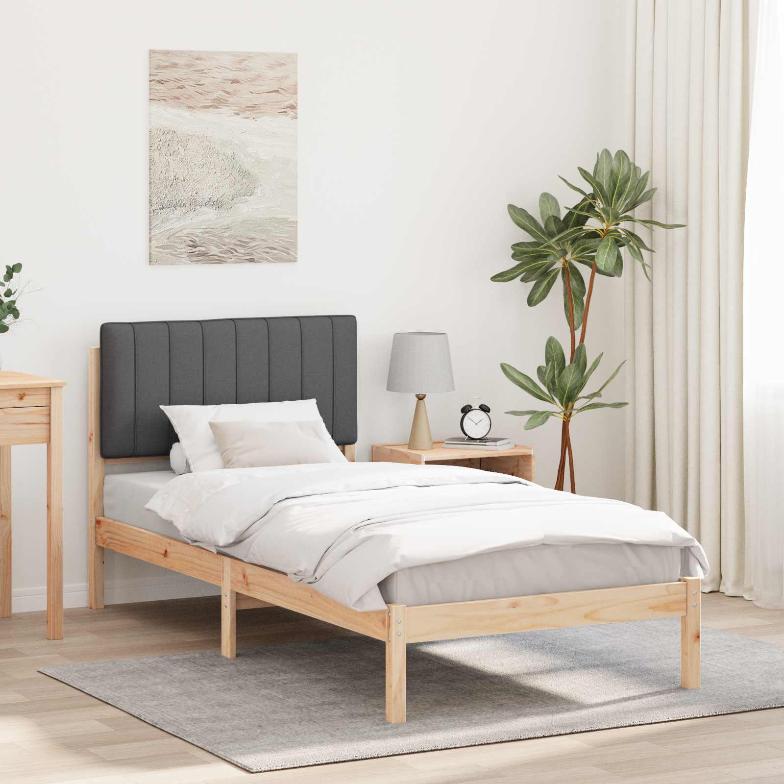 Sängram med Klädd Huvudgavel Naturlig och Mörk Grå 90 x 200 cm
