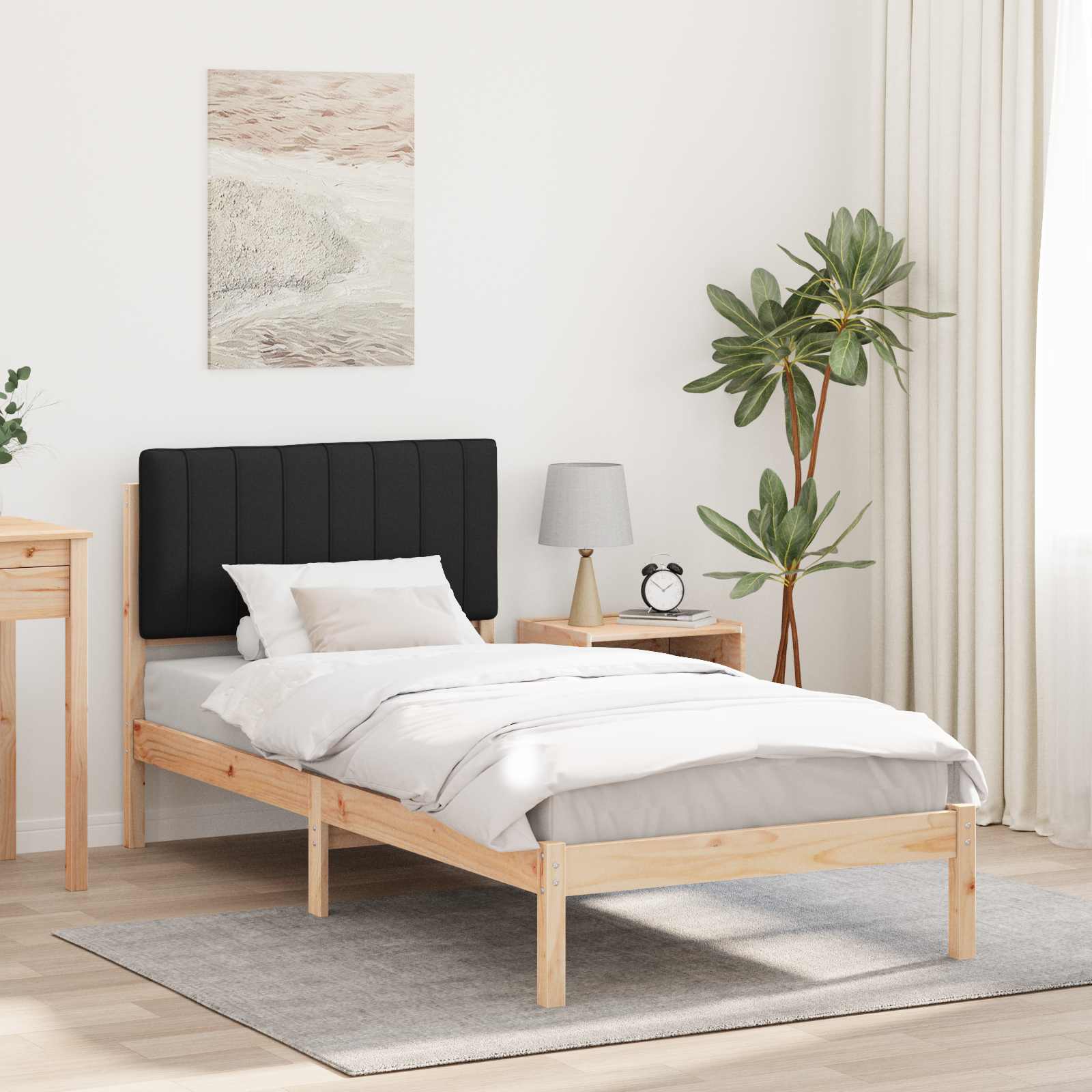 Sängram med Klädd Huvudgavel Naturlig och svart 90 x 200 cm