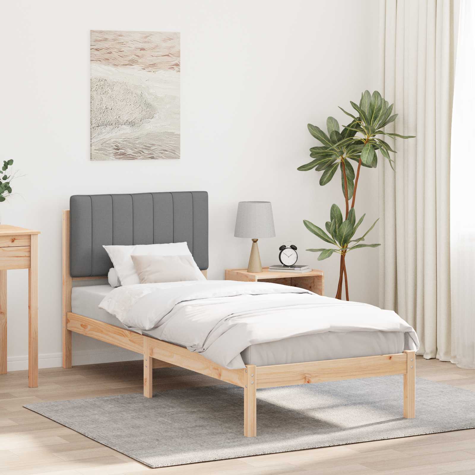 Sängram med Klädd Huvudgavel Ljusgrå 75 x 190 cm Massivt furu