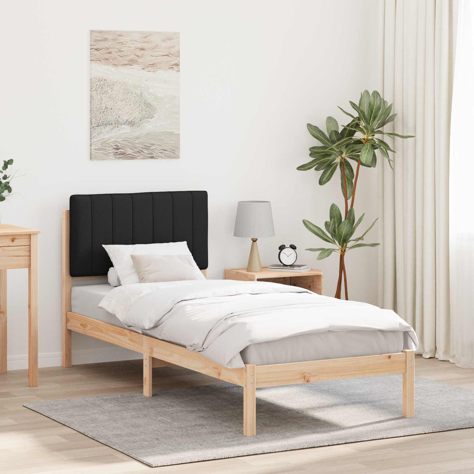 Sängram med Klädd Huvudgavel Svart 75 x 190 cm Massivt furu