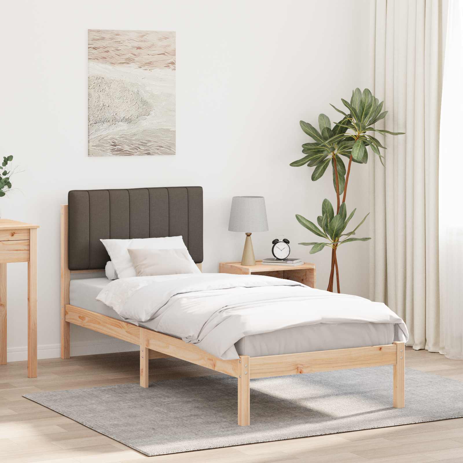 Sängram med Klädd Huvudgavel Taupe 75 x 190 cm Massivt furu