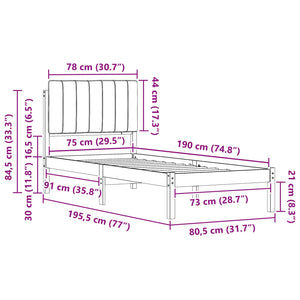 Sängram med Klädd Huvudgavel Taupe 75 x 190 cm Massiv furu