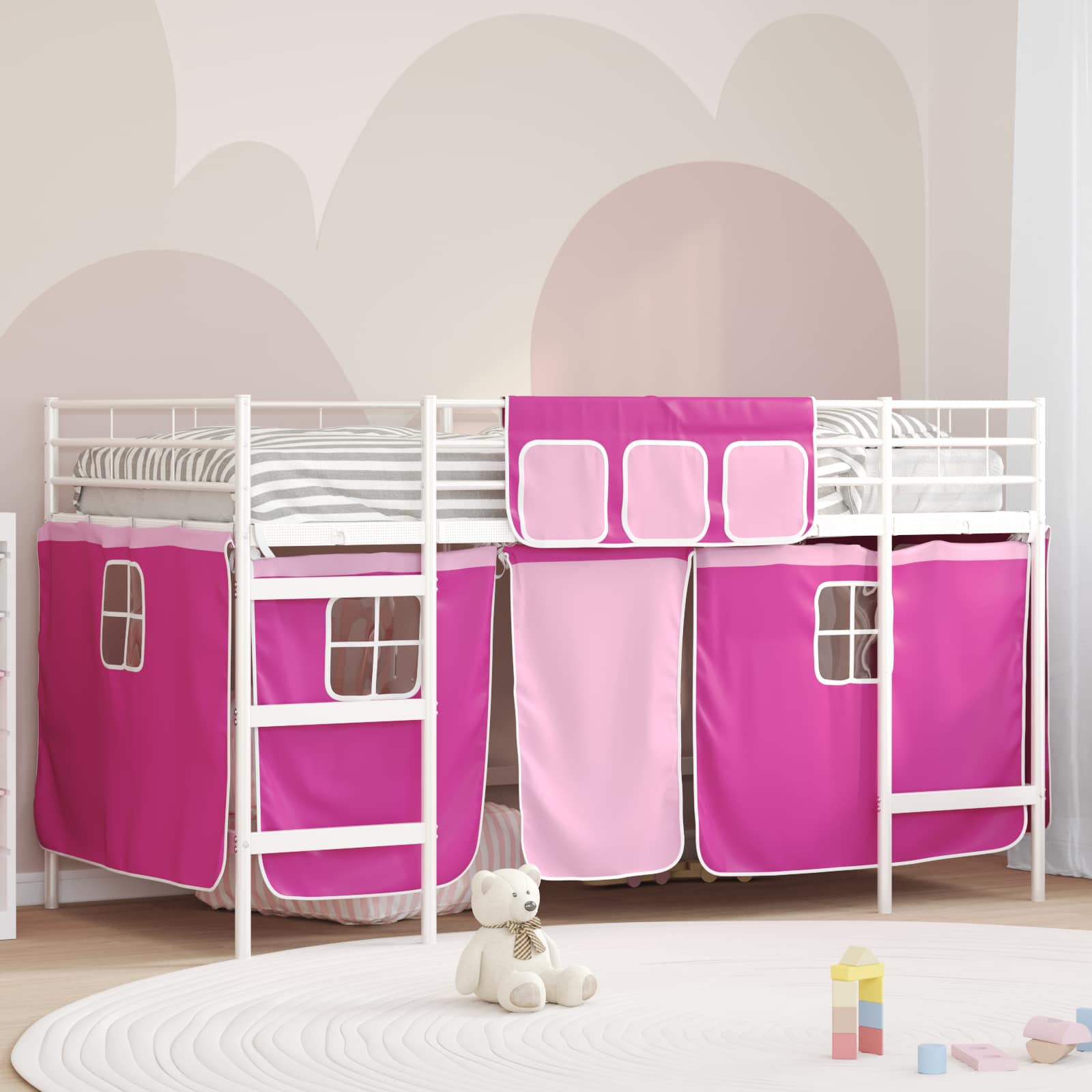 Barns våningssängram med gardiner Vit och Rosa 107 x 203 cm