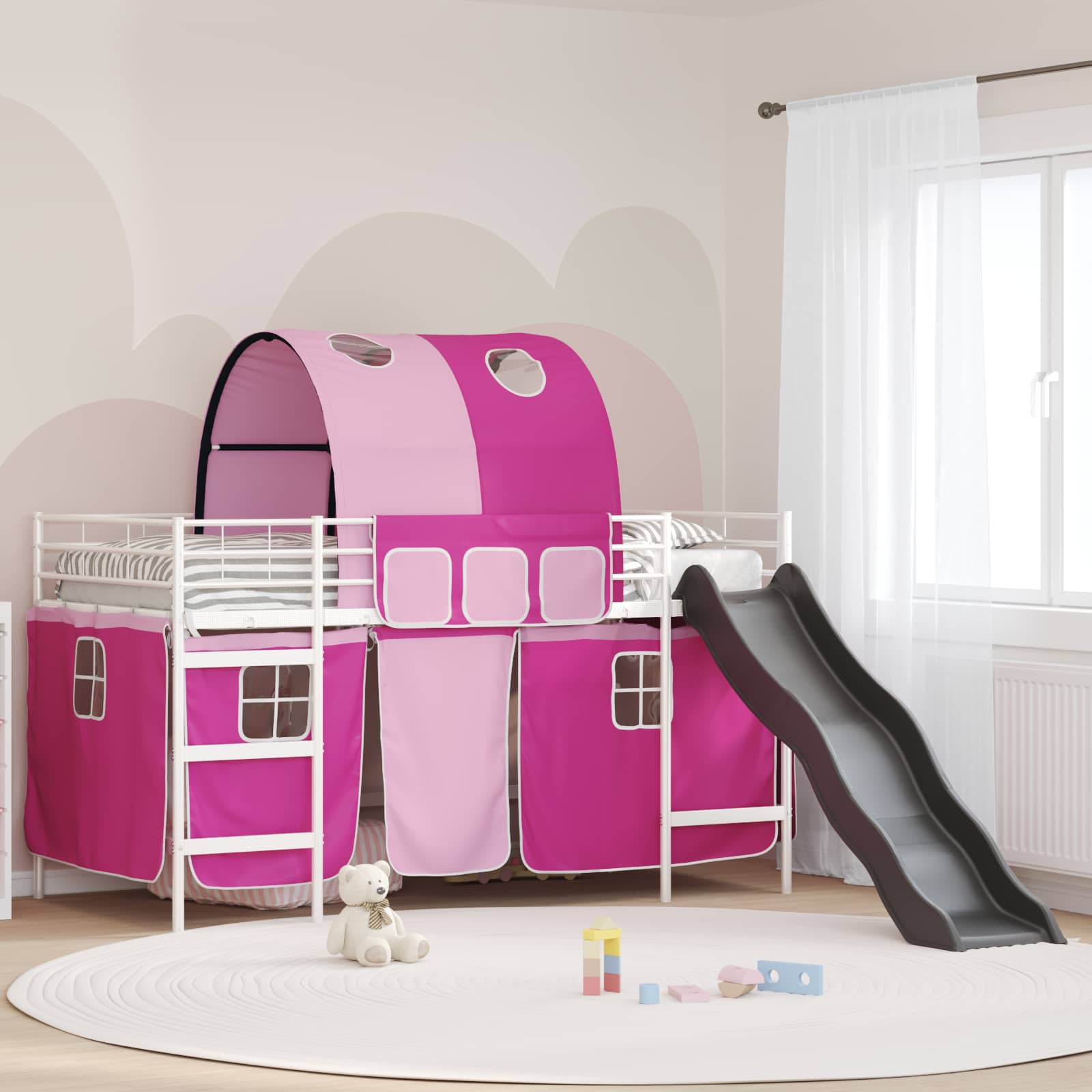 Barns våningssängram med gardiner Vit och Rosa 80 x 200 cm