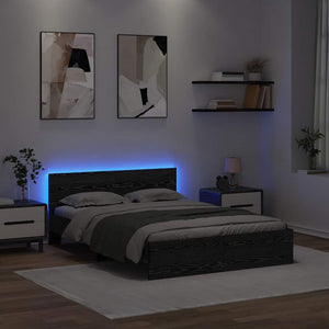 Sängram med LED -remsljus Svart Ek 120 x 190 cm Konstruerat trä