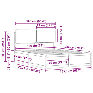 Sängram med Klädd Huvudgavel Svart 160 x 200 cm Massiv furu