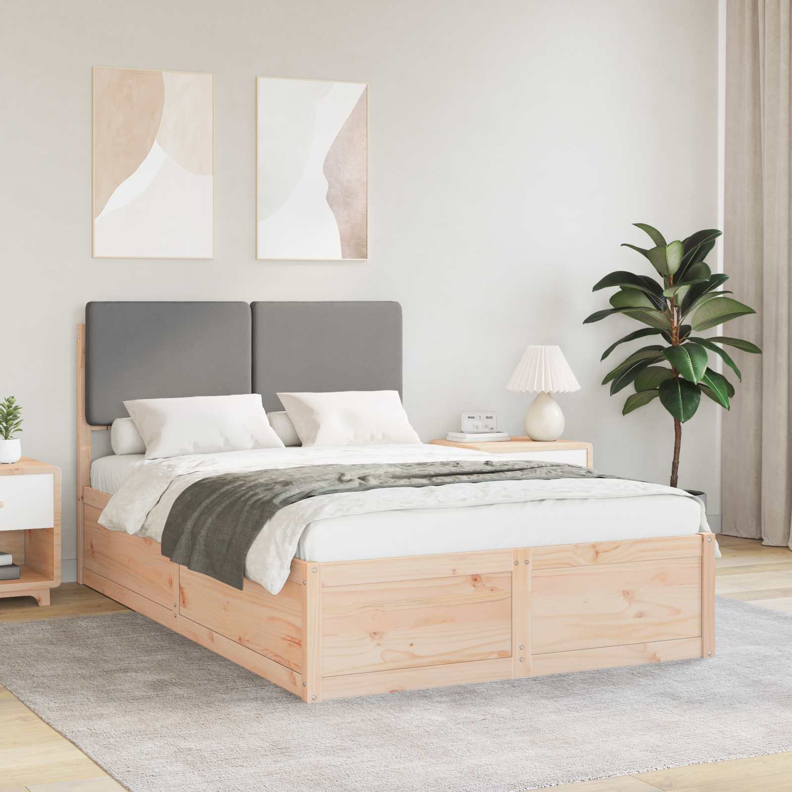 Sängram med Klädd Huvudgavel Ljusgrå 120 x 190 cm Massiv furu