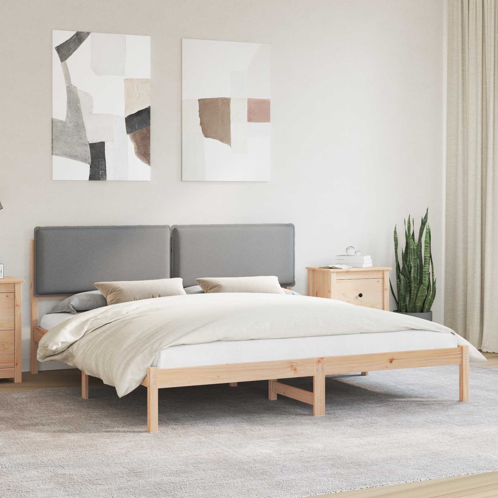 Sängram med Klädd Huvudgavel Ljusgrå 200 x 200 cm Massivt furu