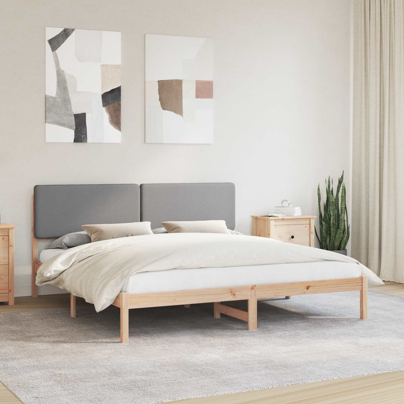 Sängram med Klädd Huvudgavel Ljusgrå 200 x 200 cm Massiv furu