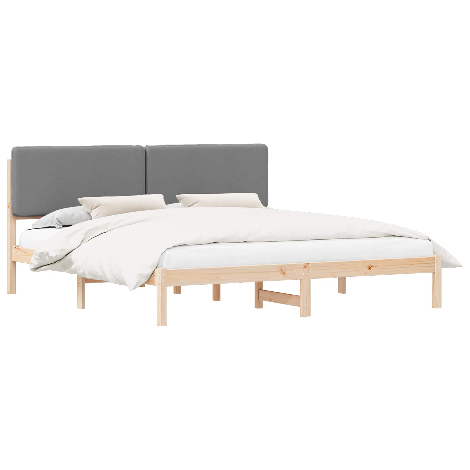 Sängram med Klädd Huvudgavel Ljusgrå 200 x 200 cm Massiv furu